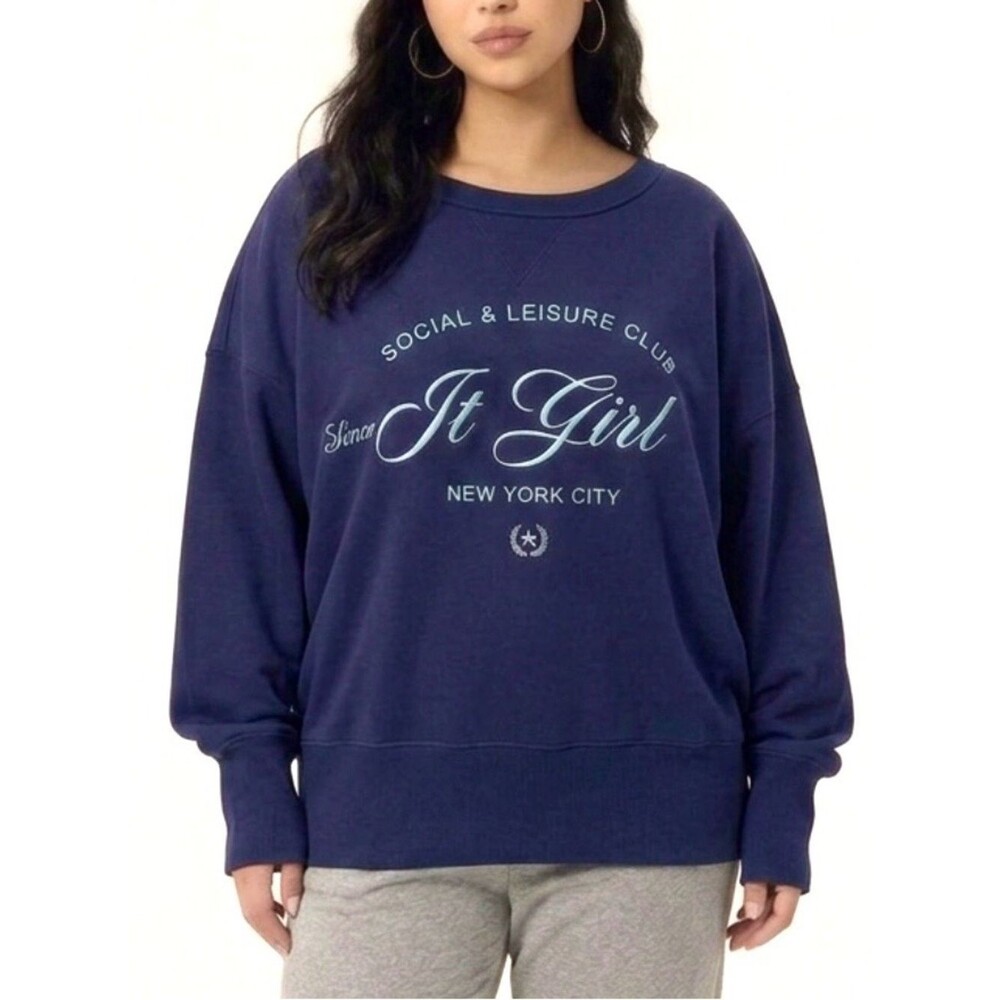 Grayson Threads It Girl Embroidered Graphic Sweatshirt Womens Size 1X Navy Crew